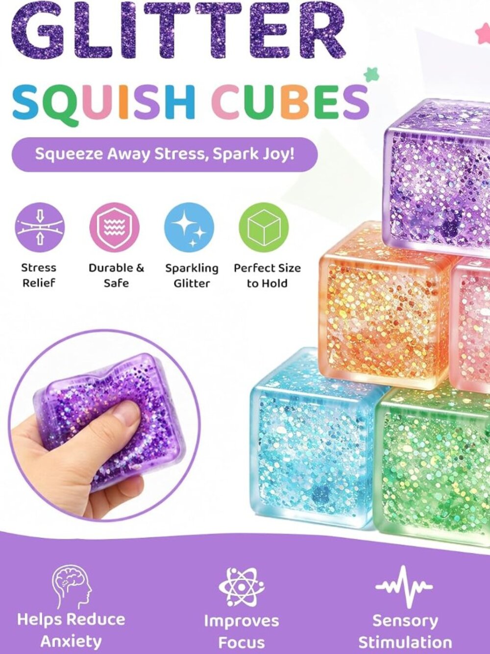 Slow Rise Glitter Ice Cube Squishy Stress Fidget Toy (Qty 1) Random Color - Picture 1 of 4